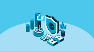 An illustration of a man standing next to digital currency and a security badge as he analyzes the latest auto market trends