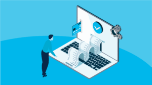 An illustration of a figure looking into a giant laptop with gears, paperwork, and payment portals visible, representing loan origination automation service providers.