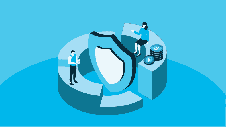 Two employees discussing the benefits of security vs cost over a large pie chart, representing the challenges of loan origination system investment