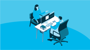 An illustration of a client discussing call center outsourcing for auto lenders at a work desk