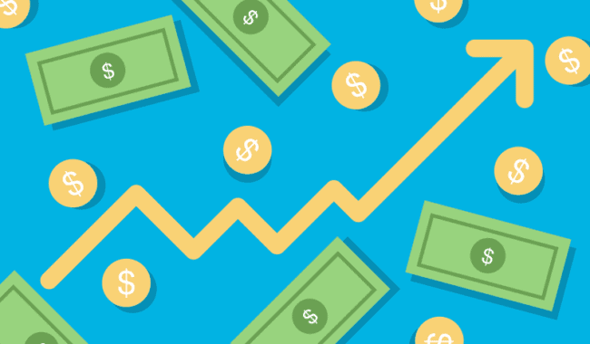 Illustrated graphic of maney and coins with an upwards arrow, loosely representing auto loan servicing for credit union portfolios