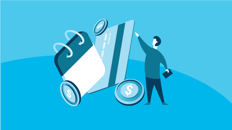 An illustration of a person standing next to a large calendar and credit card, representing the best auto loan origination software options can provide lenders