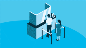 An illustration of a man and woman in line at a glass