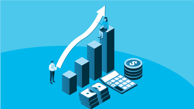 An isometric illustration of a man and woman sitting in the middle of a large bar chart, and money, representing the effect of loan origination best practices