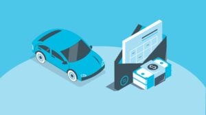 A car and financial documents representing loan collections management risk reduction strategies.