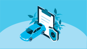 An illustration of a car, security badge, and clipboard representing elements of a digital lending process