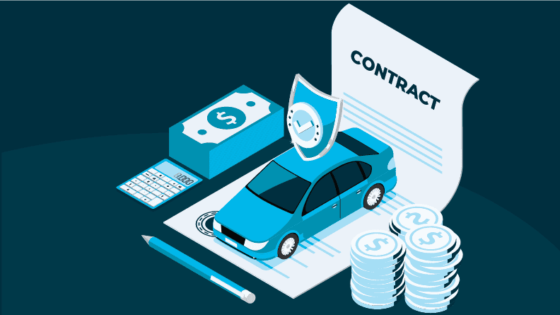 An isometric illustration of a car sitting on top of a large contract with currency and security icons surrounding it