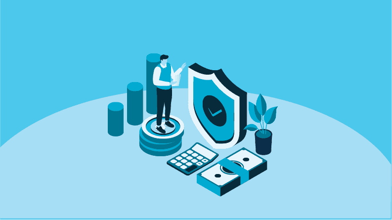 An illustration of a man standing next to a large security badge, representing banking fraud detection and prevention services