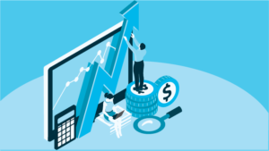 An isometric image of a person standing in front of a giant computer screen with an ascending line graph, representing loan origination benchmarks