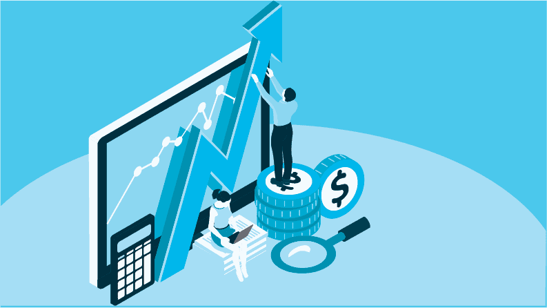 An isometric image of a person standing in front of a giant computer screen with an ascending line graph, representing loan origination benchmarks