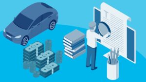 An isometric illustration of a man standing with a magnifying glass in front of a large contract with a car in the background