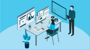 An isometric illustration of a loan servicing rep at a computer dashboard to improve auto loan borrower experience