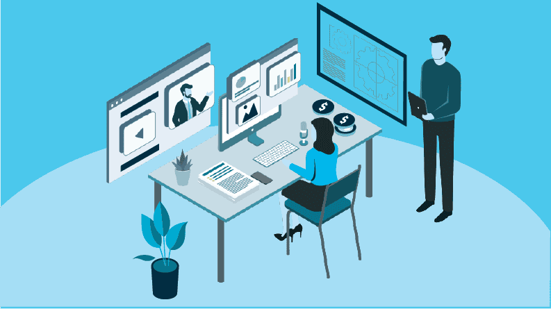 An isometric illustration of a loan servicing rep at a computer dashboard to improve auto loan borrower experience