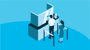 An isometric illustration of a lending transaction at a bank counter, representing auto loan origination automation.