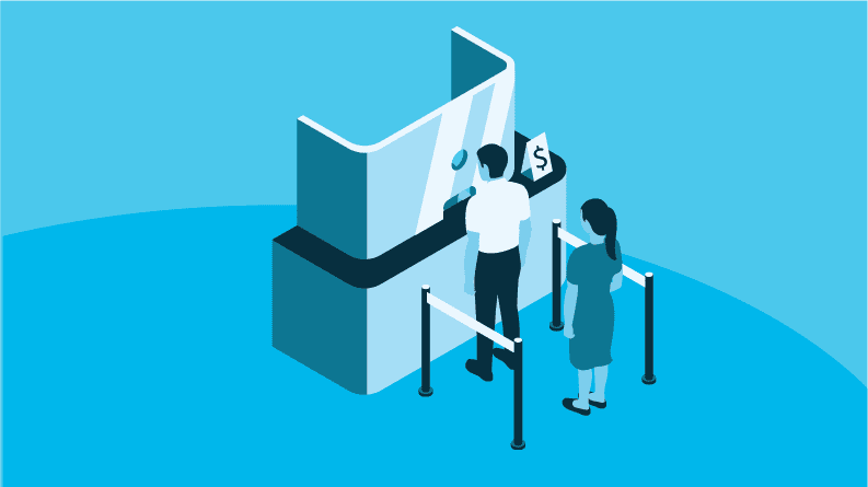 An isometric illustration of a lending transaction at a bank counter, representing auto loan origination automation.