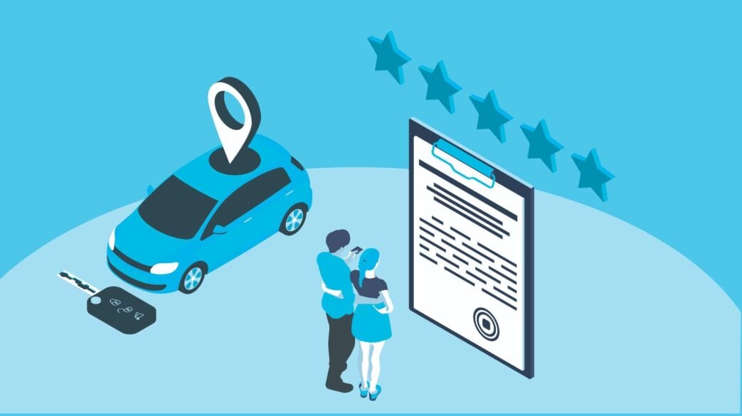 A couple reviewing an auto lending document beside a car and key representing customer experience trends in banking.