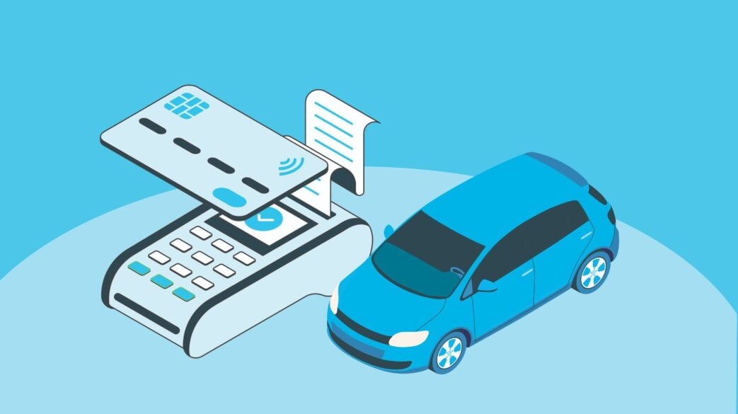 Illustration of a car, payment terminal, credit card, and receipt representing an auto lender’s loan pricing model