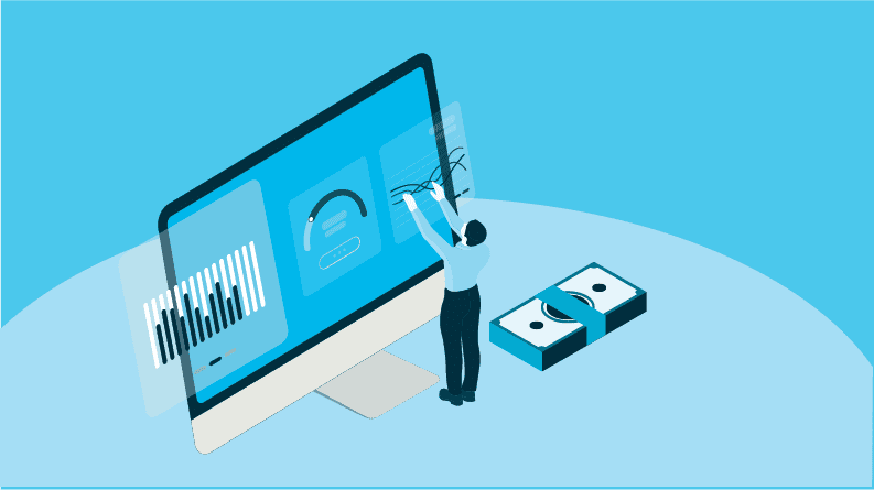 An illustration of a man standing in front of a giant computer screen, looking at auto loan delinquency rates and trends