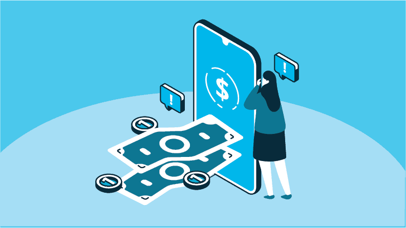 An illustration of a woman standing next to a large mobile phone with money and alerts coming out of it.