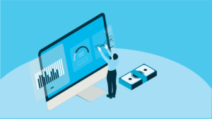 A digital illustration of a person configuring a large cloud-based software interface, symbolizing modern powerspot lending systems and servicing technology.