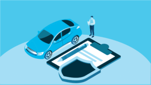 An illustration of a car, clipboard, and security badge representing auto lending rules & regulations