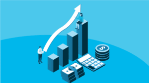 Illustration showing an upward-trending bar graph with business people, symbolizing growth in digital lending business models in 2025