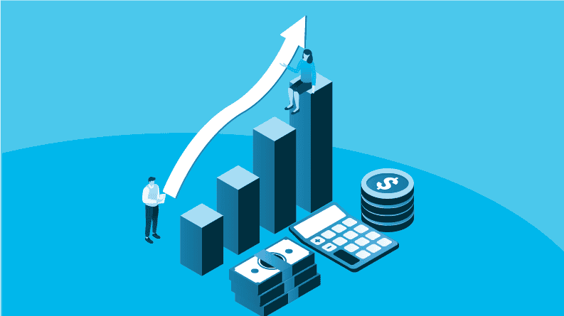 Illustration showing an upward-trending bar graph with business people, symbolizing growth in digital lending business models in 2025