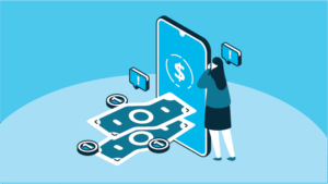 Graphic showing digital finance icons and automation, representing outsourcing trends for auto lenders in 2025